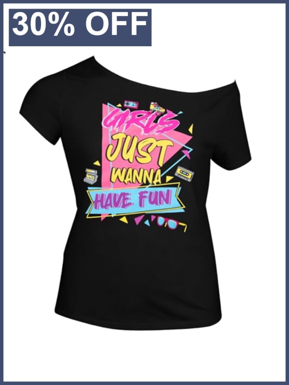80s Off Shoulder T-Shirt Cotton Blend Neon Party Top